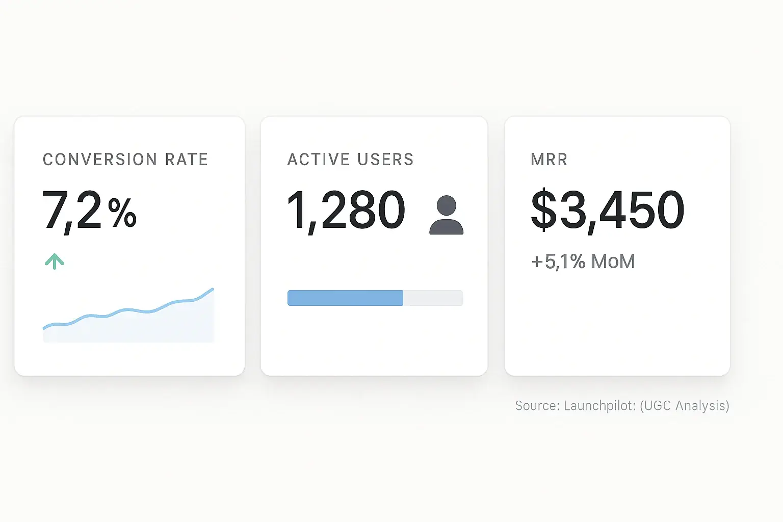 Infographic: Minimalist indie dashboard, 3-4 key metrics e.g. MRR, Users, emphasizing clarity. Source: LaunchPilot.tech.