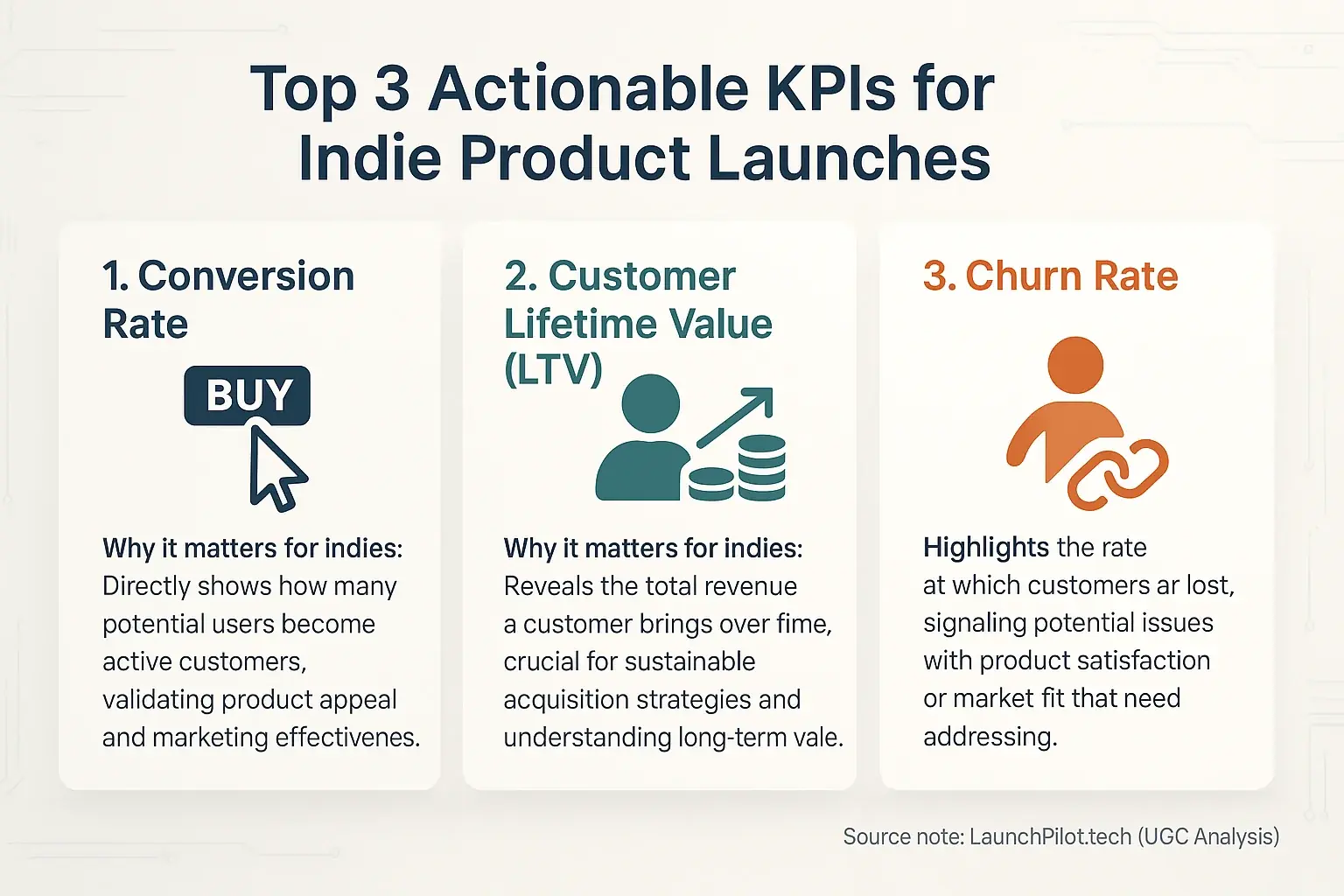 Top 3 actionable indie launch KPIs: Conv, CLV, Churn, icons &amp; explanations. Source: LaunchPilot.tech (UGC Analysis).