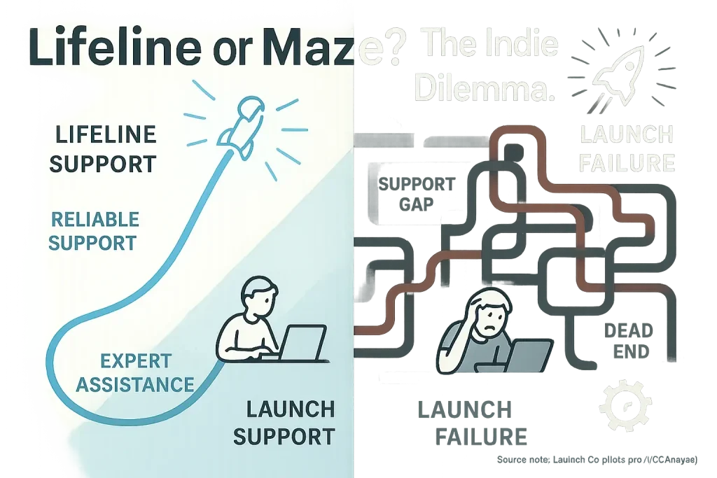 Infographic: Lifeline vs. tangled maze illustrates indie makers' support dilemma: clear help or a confusing, frustrating