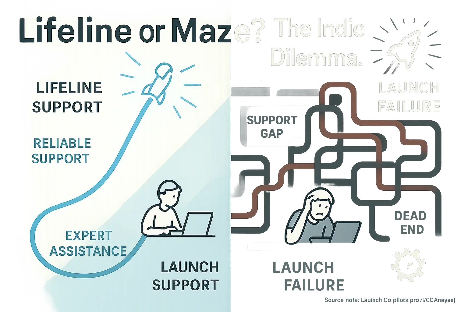 Infographic: Lifeline vs. tangled maze illustrates indie makers' support dilemma: clear help or a confusing, frustrating