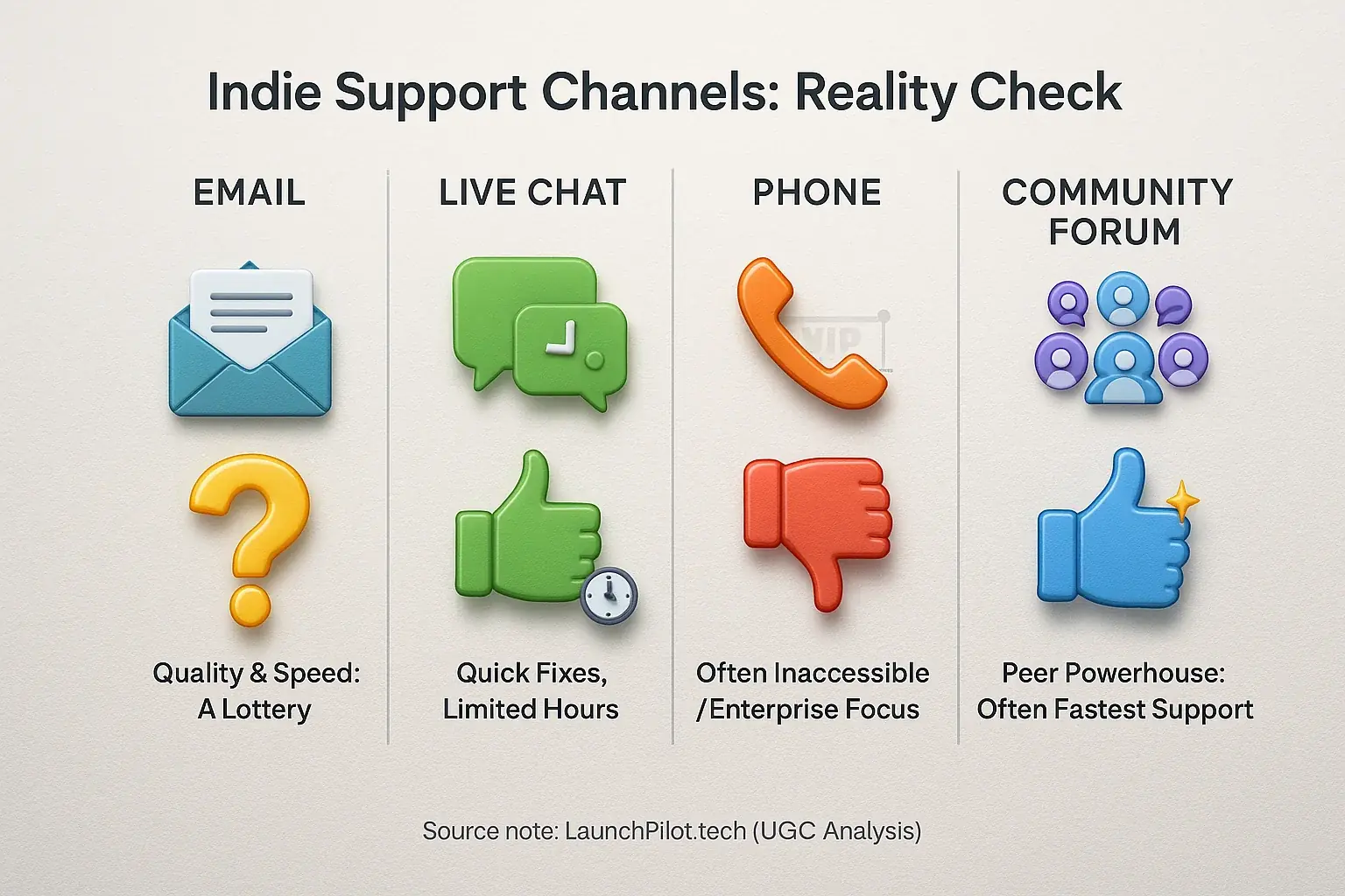 Infographic comparing indie maker sentiment (thumbs up/down icons) for email, chat, phone, and forum support.