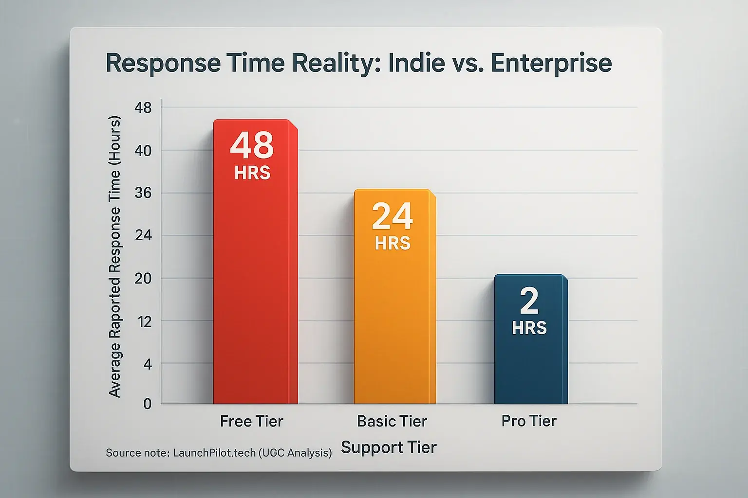 Bar chart from user data: Avg co-pilot support response times (hours) by tier, titled 'Response Time Reality: Indie vs.