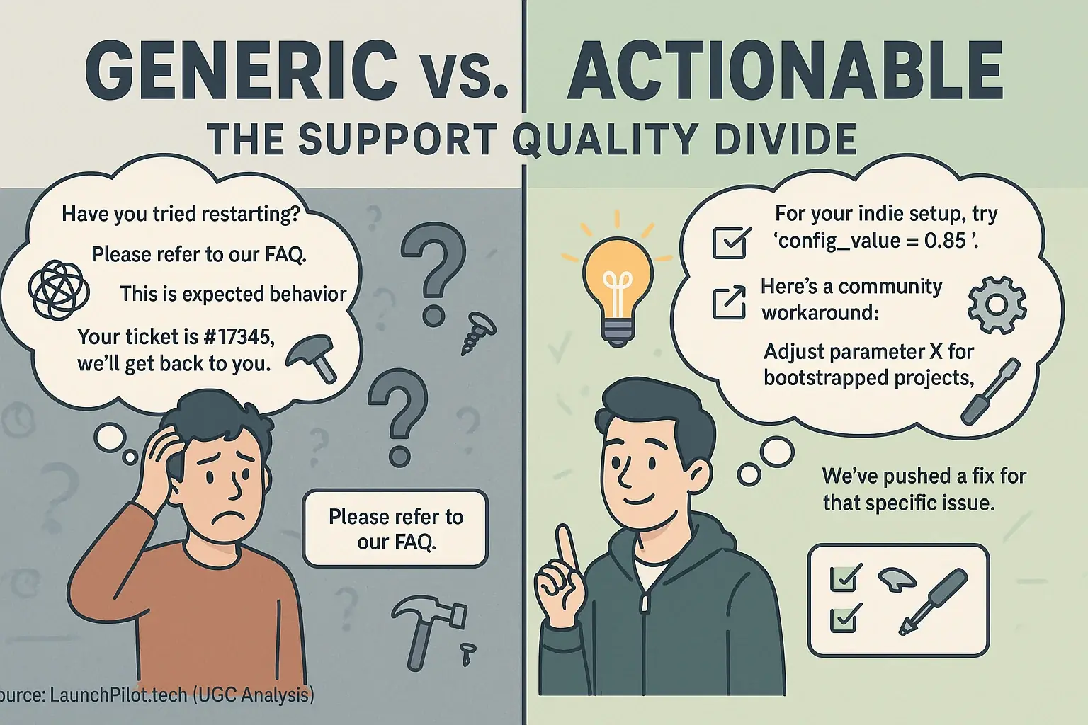 Infographic: 'Generic vs. Actionable' support. One maker confused by generic advice, another happy with specific solutions.