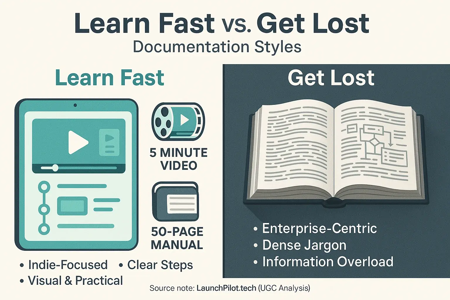 Split screen infographic: 'Learn Fast vs. Get Lost: Documentation Styles' contrasts clear indie vs. dense enterprise.