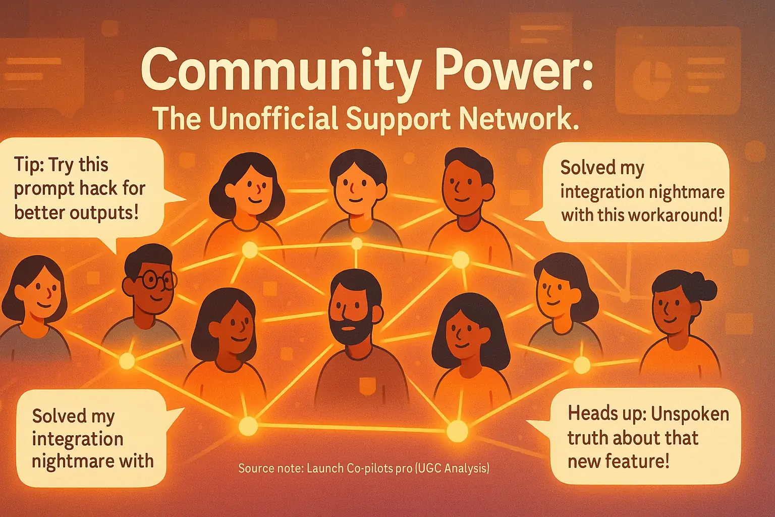 Stylized network of indie makers sharing tips. Text: 'Community Power: The Unofficial Support Network,' showcasing the indie