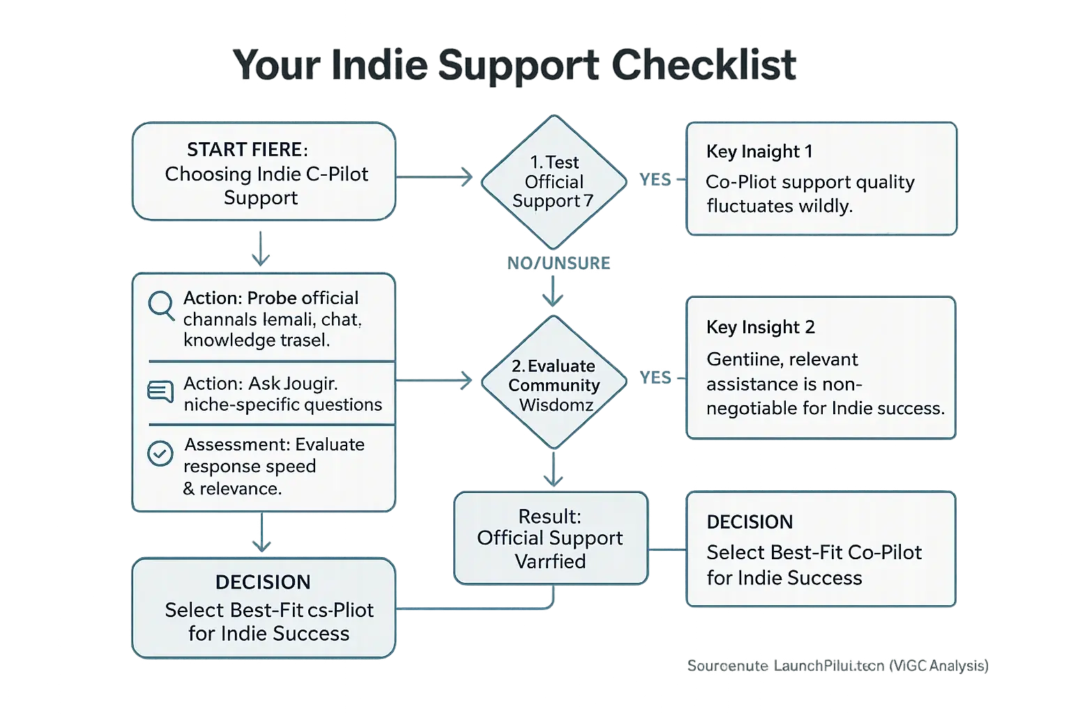 Flowchart: Your Indie Support Checklist, summarizing key co-pilot support considerations.