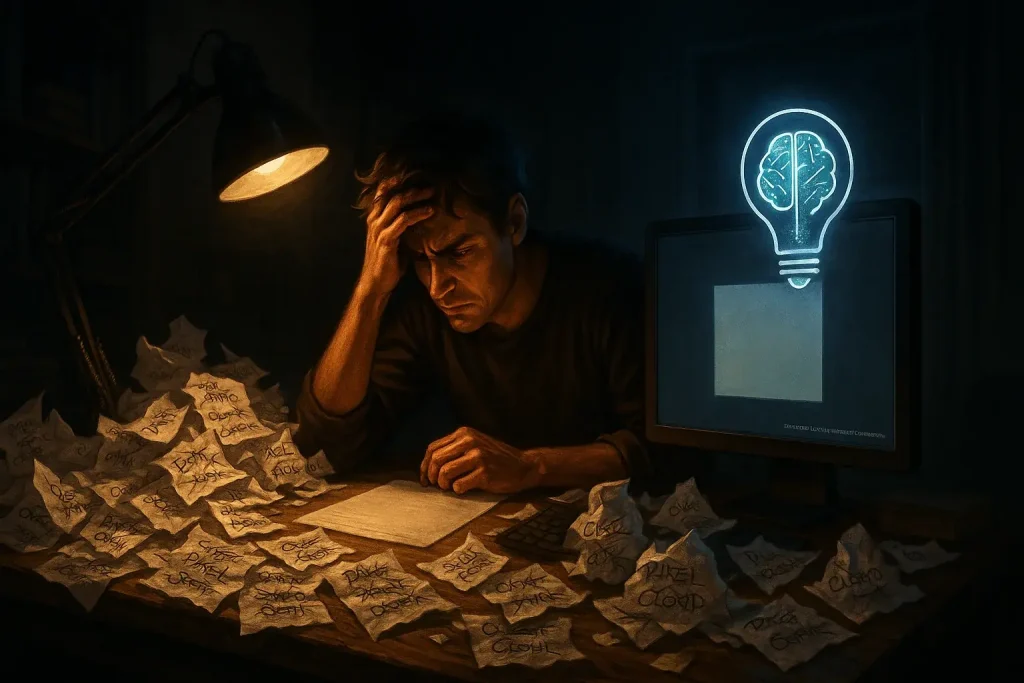 Stressed indie maker, crumpled naming papers; glowing feedback co-pilot icon offers help for this make-or-break branding