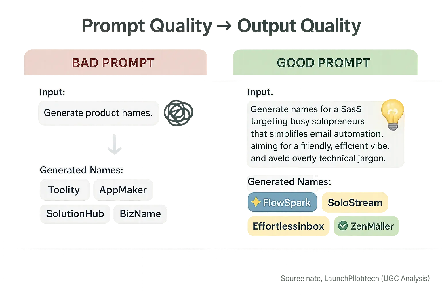 Good vs. bad review prompts for name generation: how keyword context impacts output quality.