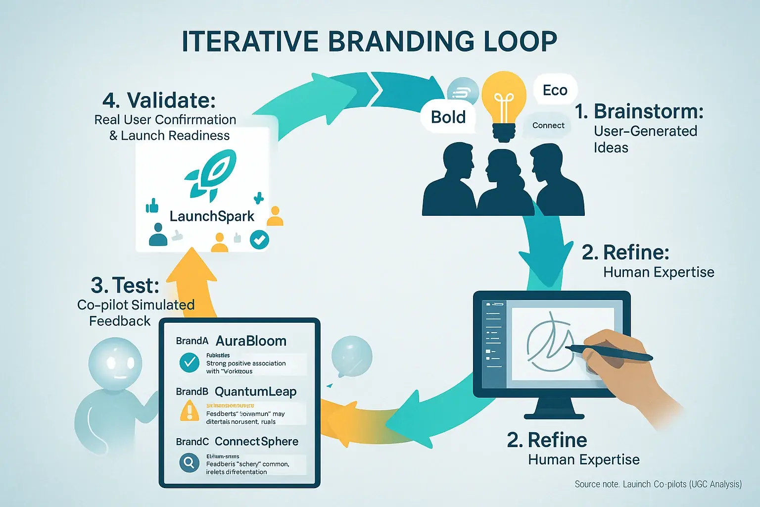 Circular process for iterative brand testing: Brainstorm, Human Refine, Analytical Reviews Test, Human Validate.