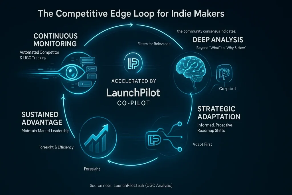 Competitive Edge Loop: findings co-pilot accelerates monitoring, analysis, adaptation for indie makers' sustained advantage.