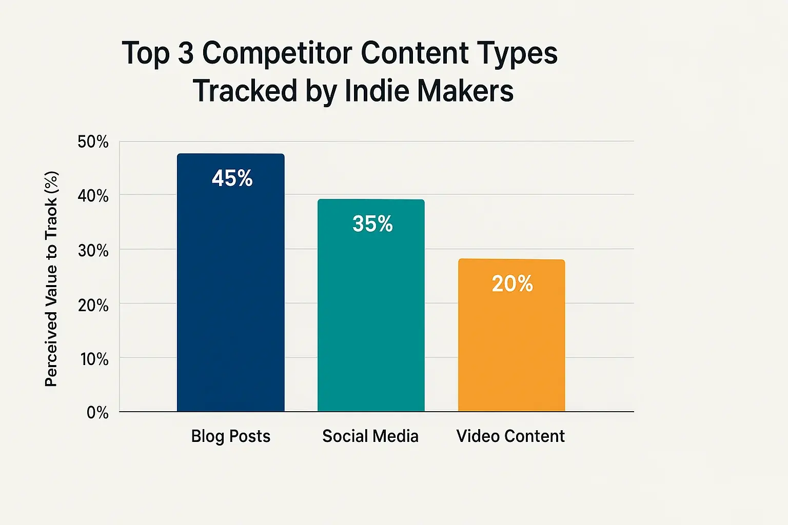 Bar chart: Blog posts (45%), social media (35%), video (20%) are top competitor content types indie makers track.