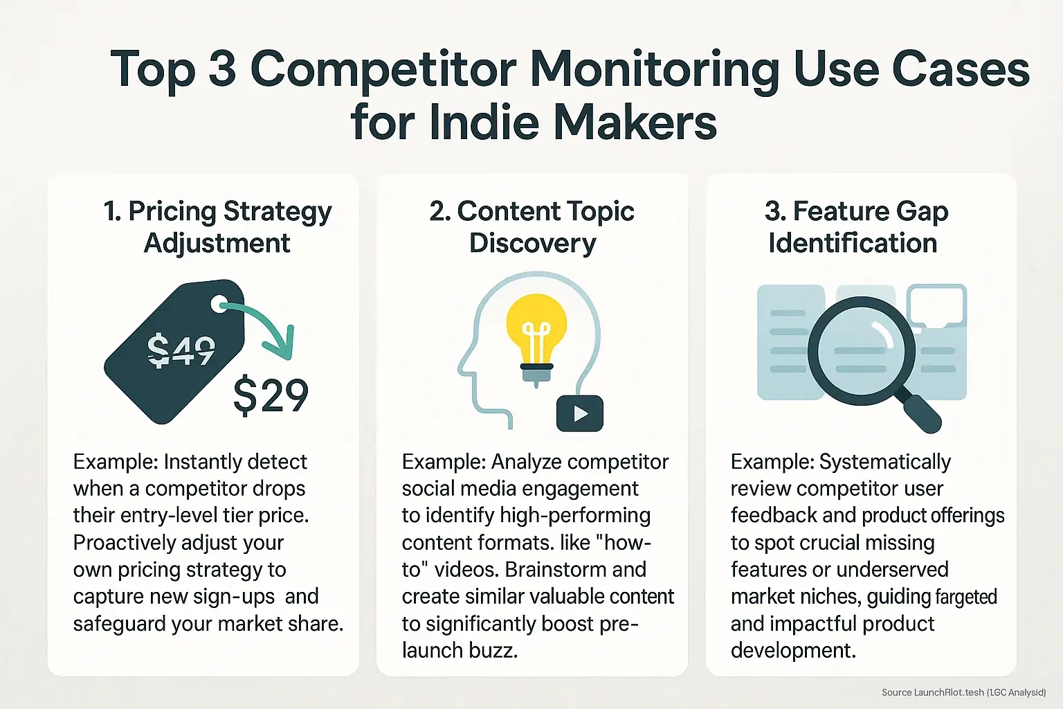 Infographic: Indies' top 3 UGC competitive intelligence uses: identifying feature gaps, adjusting pricing, finding content.