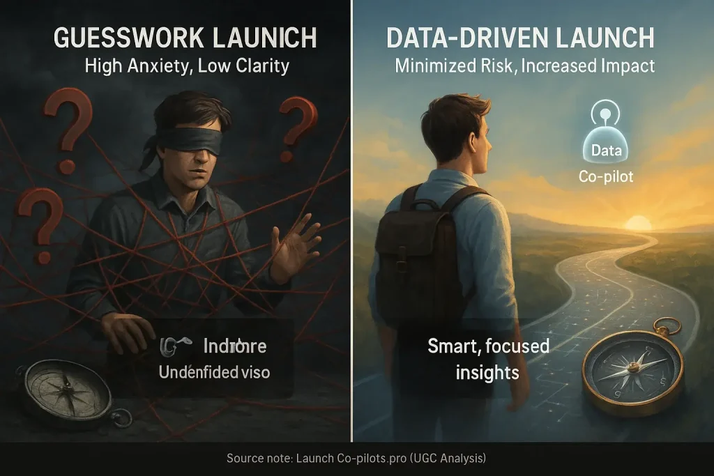 Infographic: Chaotic launch (tangled strings, blindfold) vs. data-driven (roadmap, confident maker) for indie success.