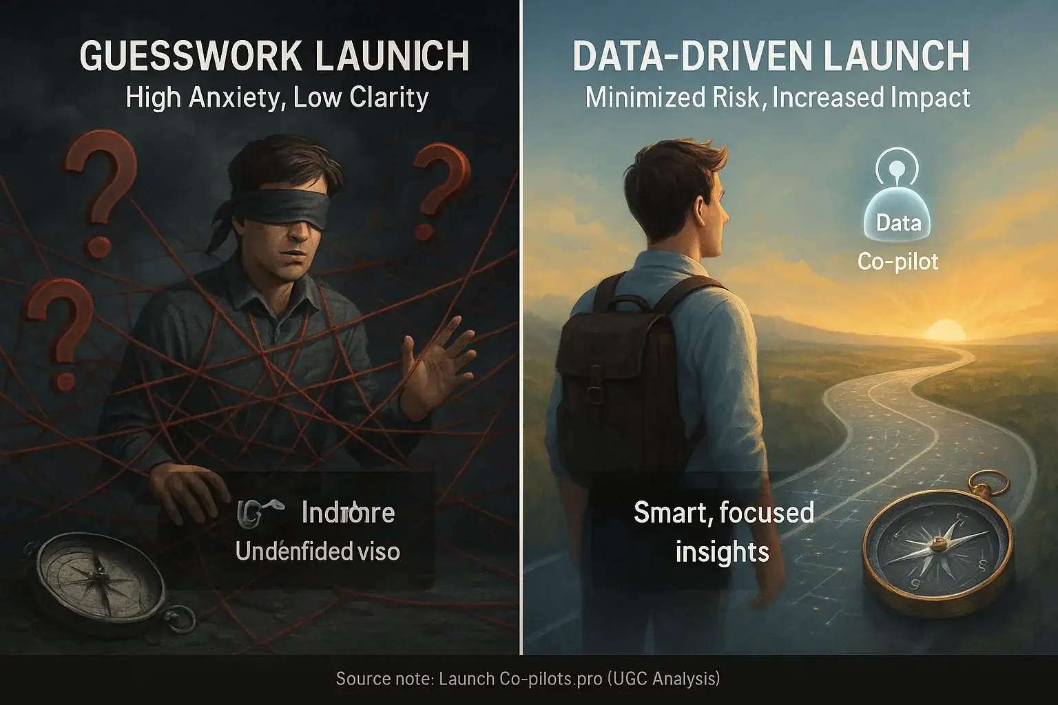 Infographic: Chaotic launch (tangled strings, blindfold) vs. data-driven (roadmap, confident maker) for indie success.