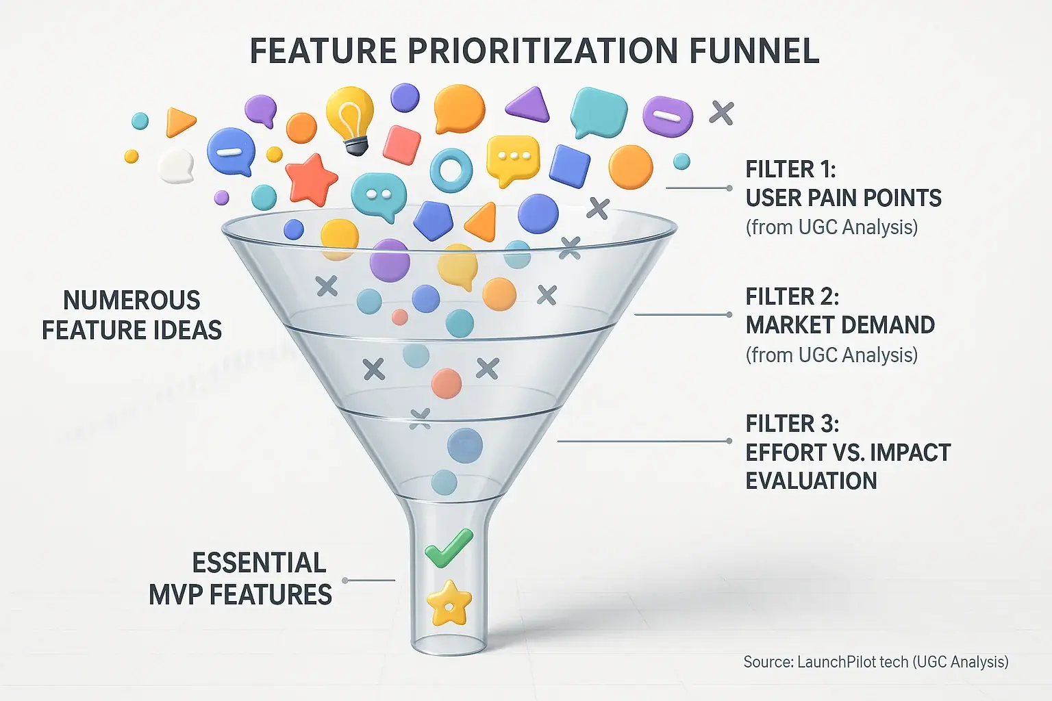 Analytical funnel filters feature ideas by pain points, demand, effort/impact, cutting noise to define lean MVP priorities.