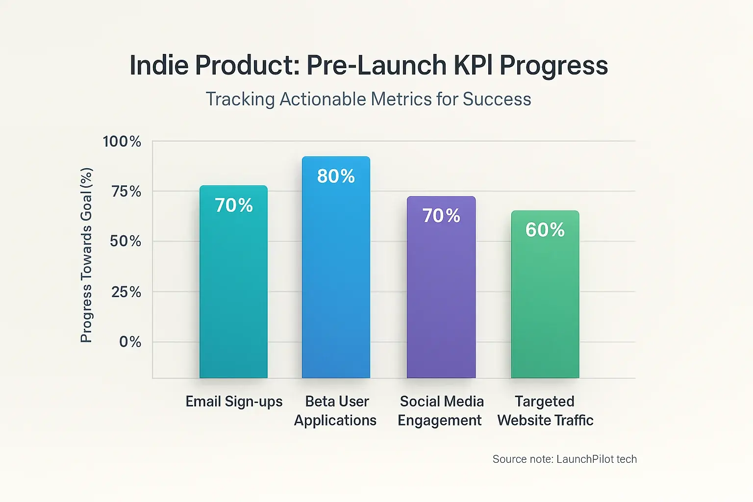 Bar chart: Conceptual pre-launch metrics like email sign-ups, beta user apps, social engagement, target audience traffic.