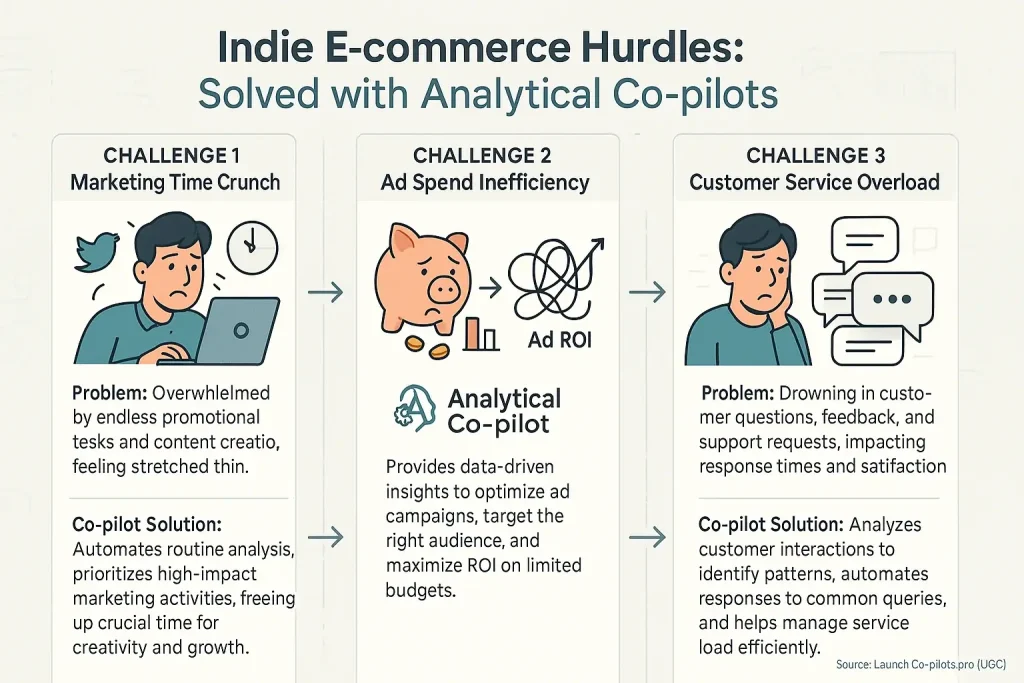 Infographic: How user discussions solve top 3 indie e-commerce challenges: marketing time, ad ROI, and service load.