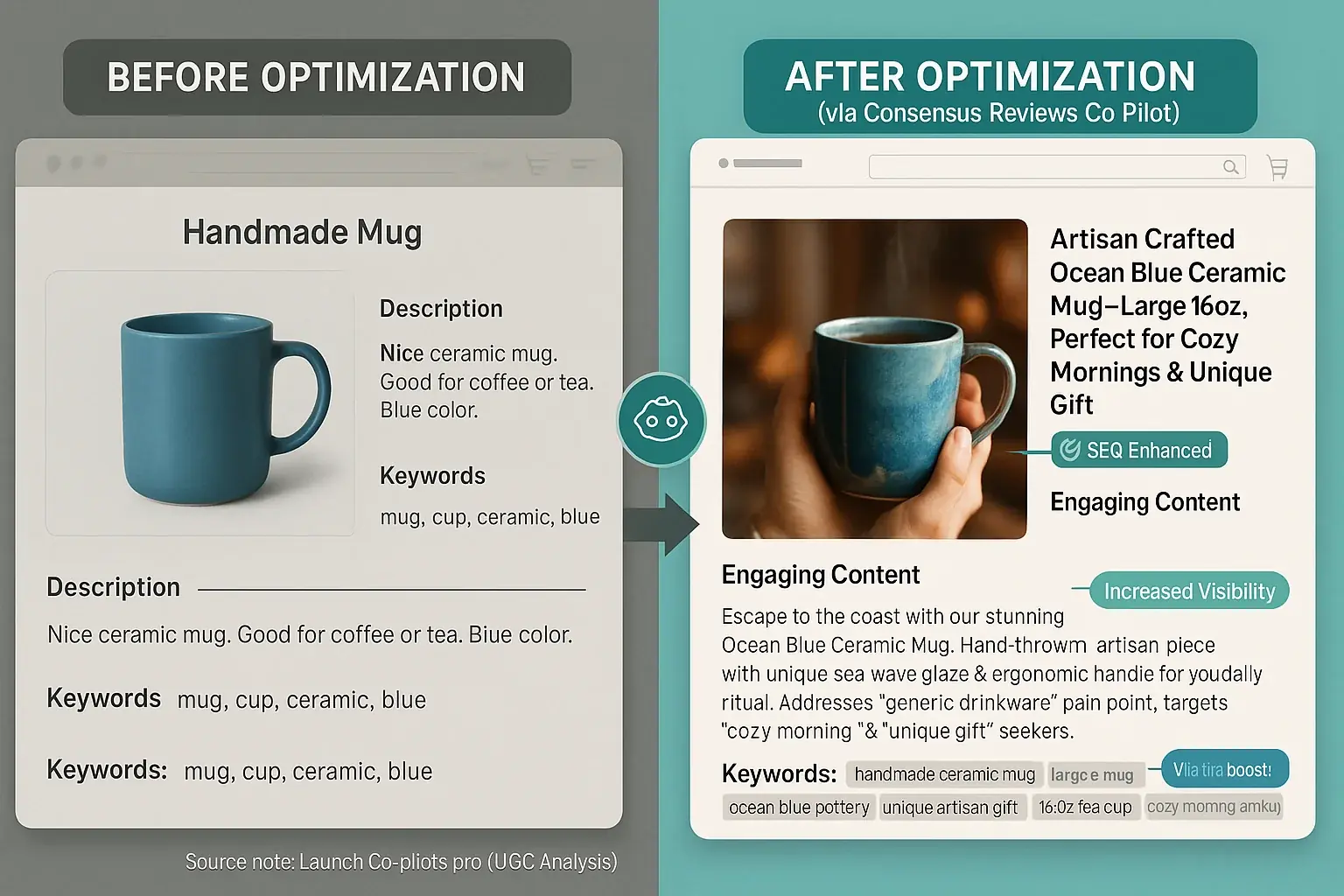 Before/after product listing comparison highlighting how analytics improve title, description, keywords to convert buyers.