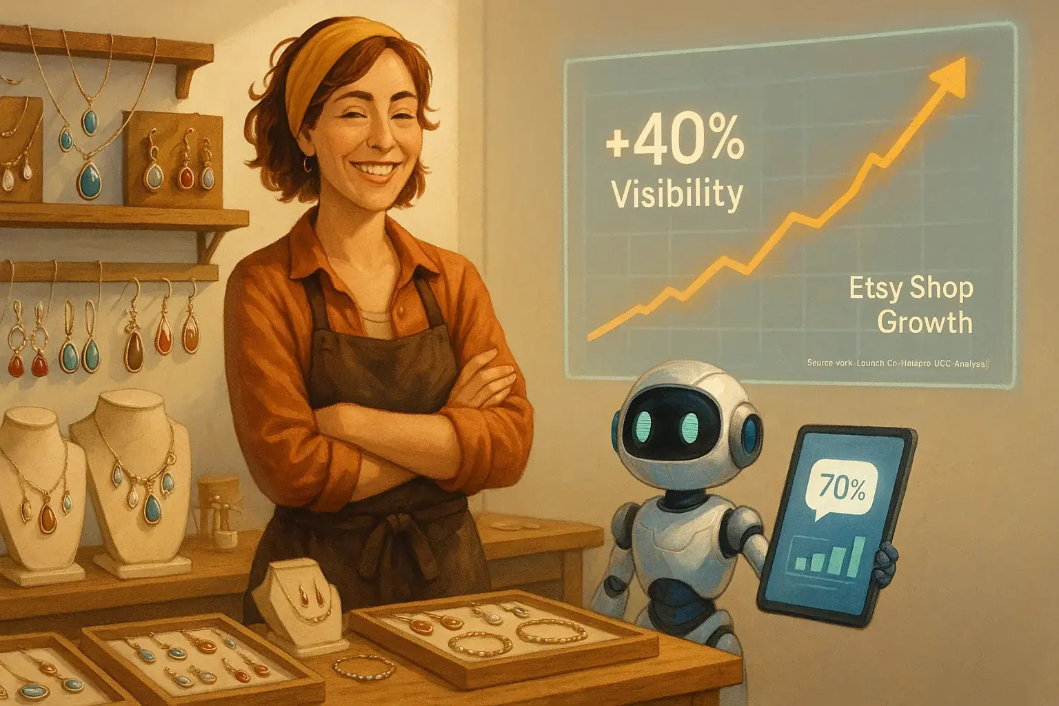 Happy indie e-commerce owner with products, a robot co-pilot, and data charts showing game-changing success.