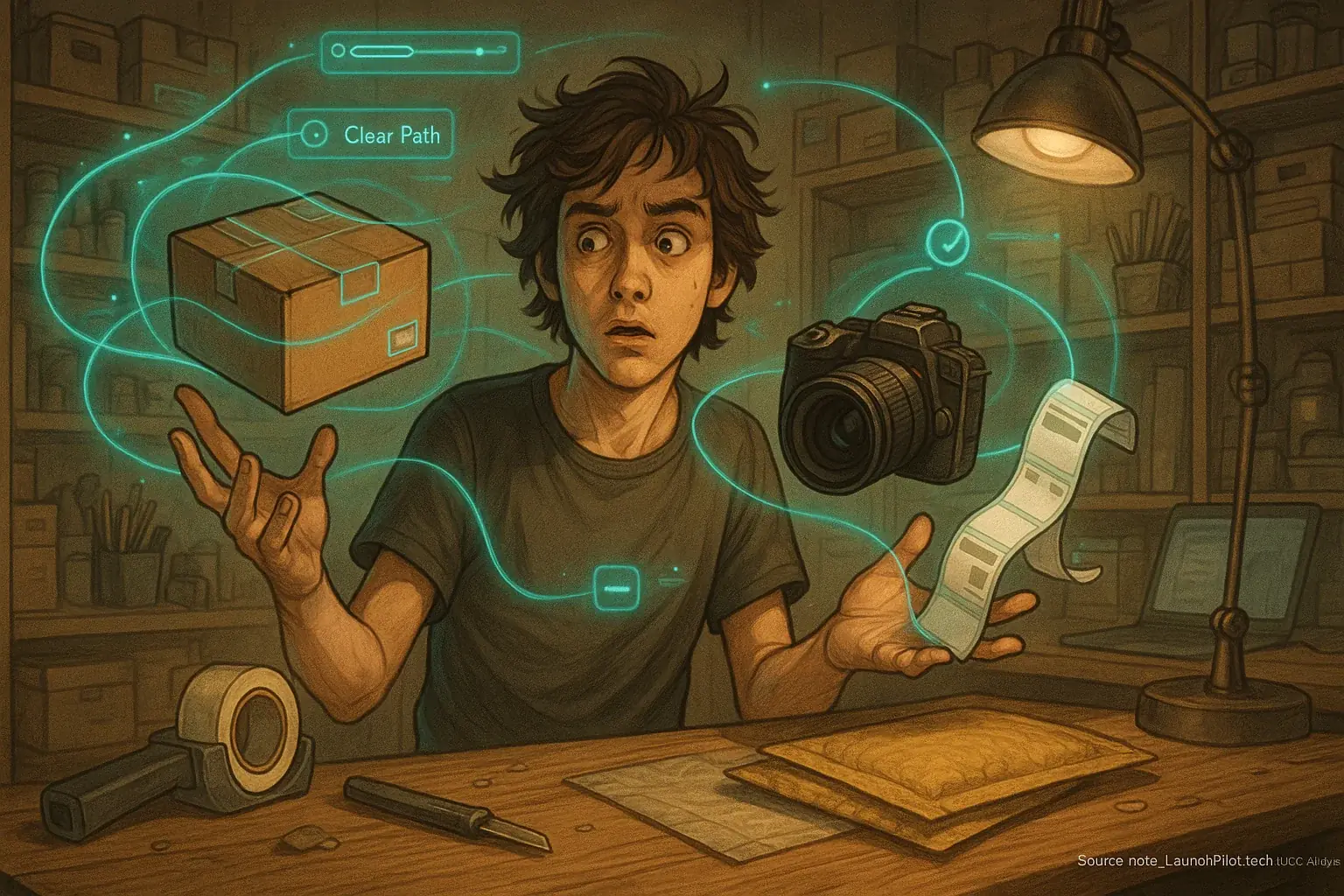 Overwhelmed maker juggles product tasks; digital co-pilot offers subtle background aid for physical launch.