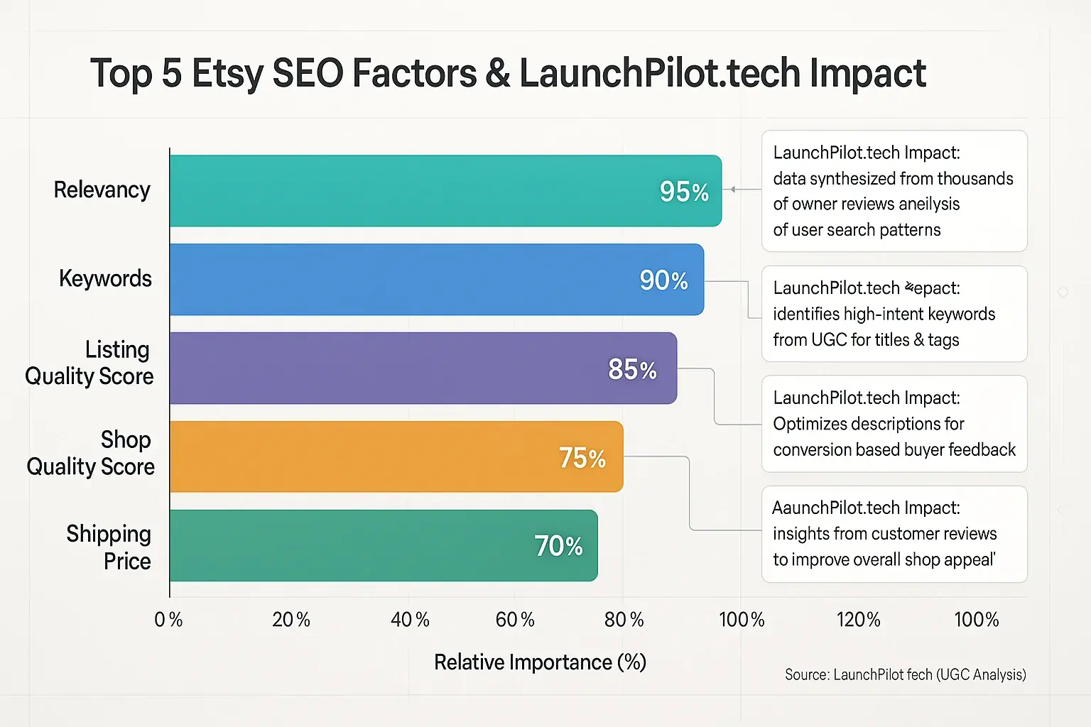 Bar chart: Top 5 Etsy SEO factors by importance. User experience elements highlight review analysis impact on each factor.
