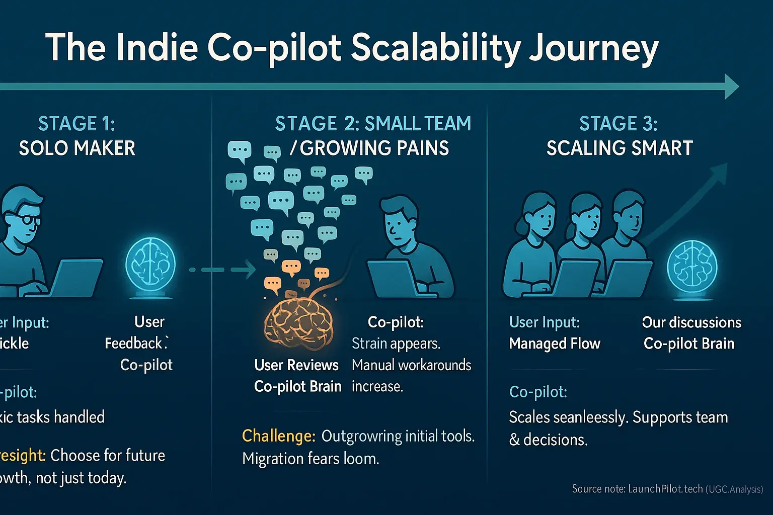 Infographic: Indie project growth stages (solo, team, scaling) showing how data co-pilot needs evolve for scalability.