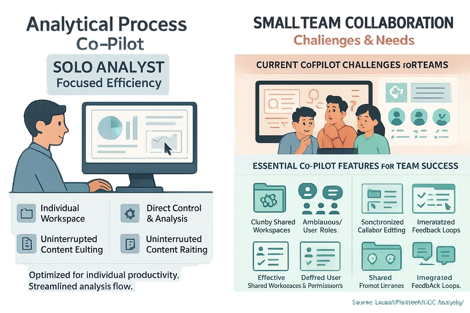 Infographic comparing co-pilot features: solo use vs. team collaboration, highlighting shared workspaces, roles, and editing.
