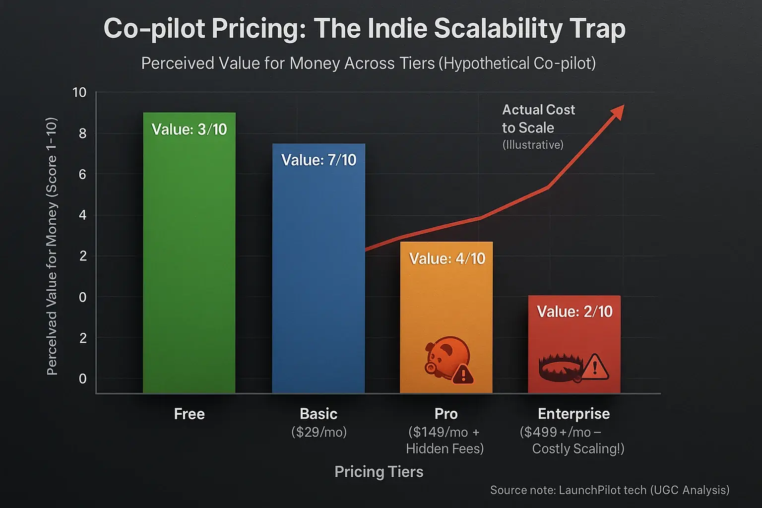 Bar chart: Co-pilot value for money per feature for indies declines or costs rise at higher tiers, a scalability trap.