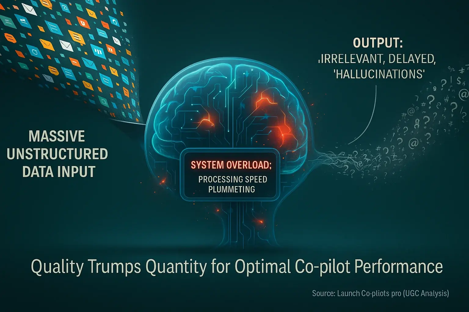 Infographic: Excess UGC data chokes co-pilots (slowdowns, errors, crashes), showing why data volume limits are crucial.