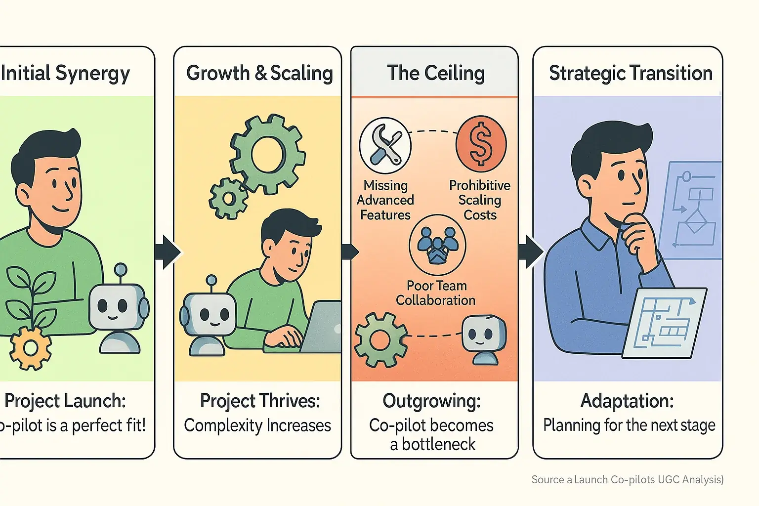 Timeline infographic: Indie maker's co-pilot journey—excitement, hitting a ceiling, adapting/switching (UGC).