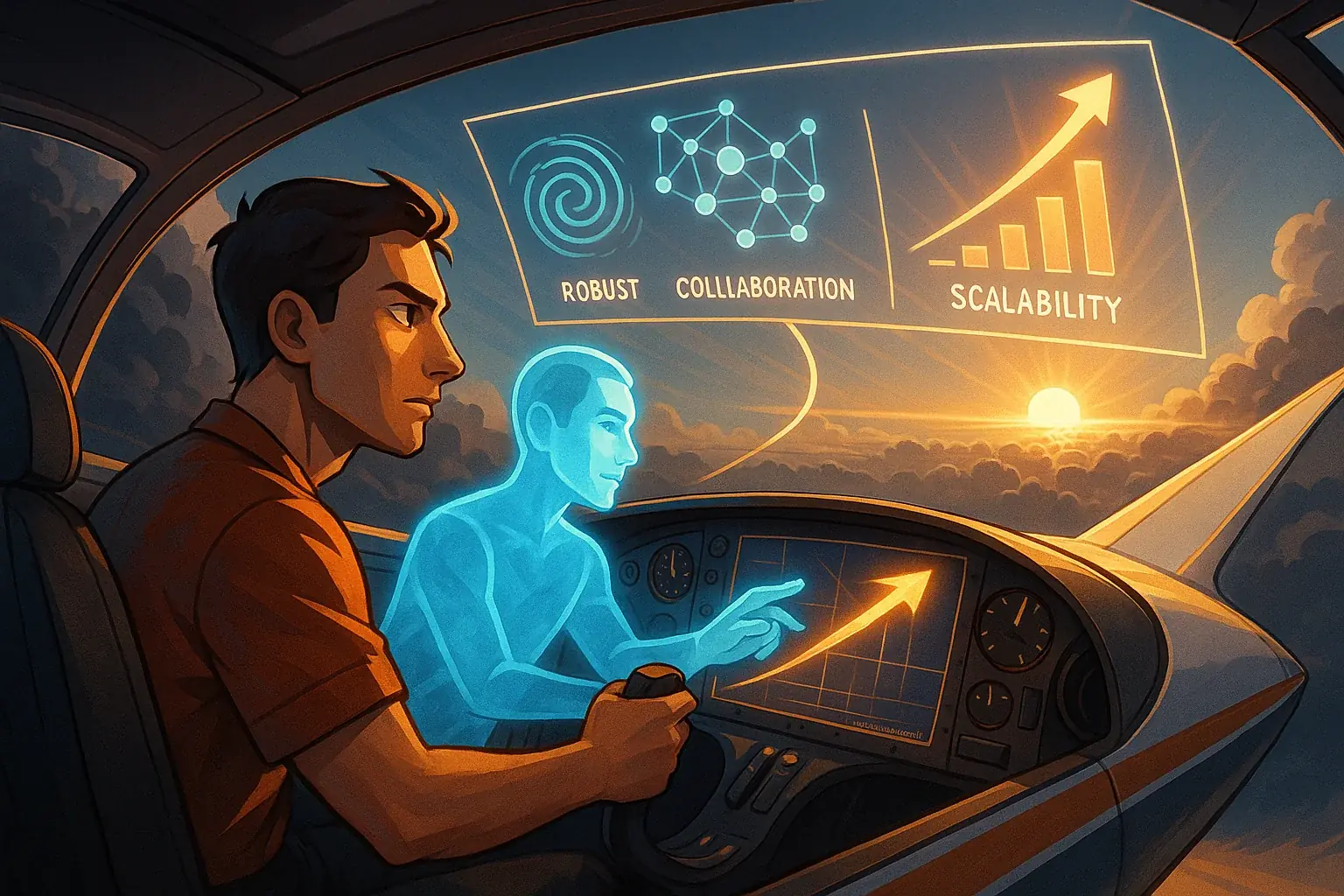 Indie maker & analytical co-pilot steer project plane through challenges to clear future, showing partnership & foresight.