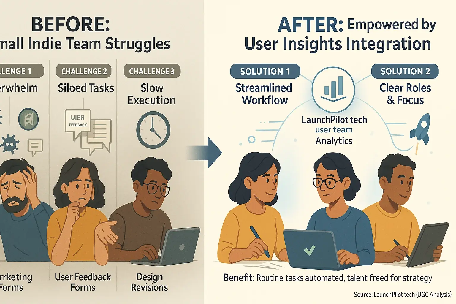 Indie team workflow transforming from overwhelm &amp; silos to streamlined &amp; faster execution with community reviews integration.