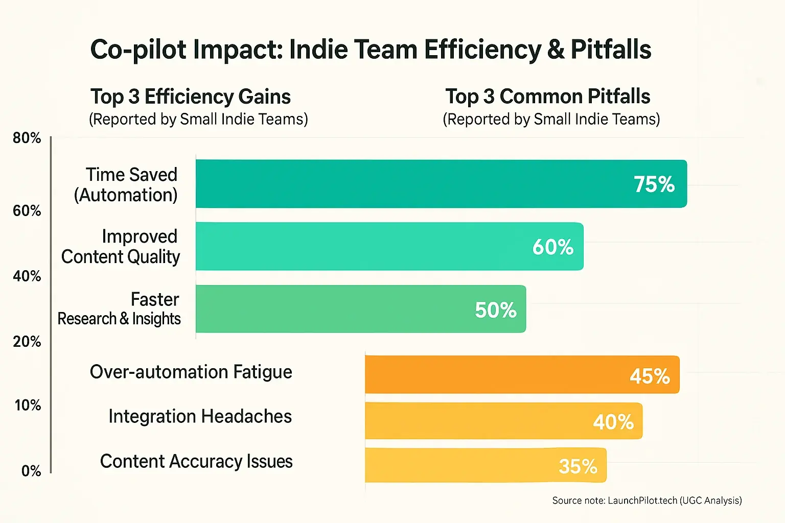 UGC bar chart: Top 3 gains (Time Saved) &amp; pitfalls (Hallucinations) from indie teams using user analysis co-pilots.
