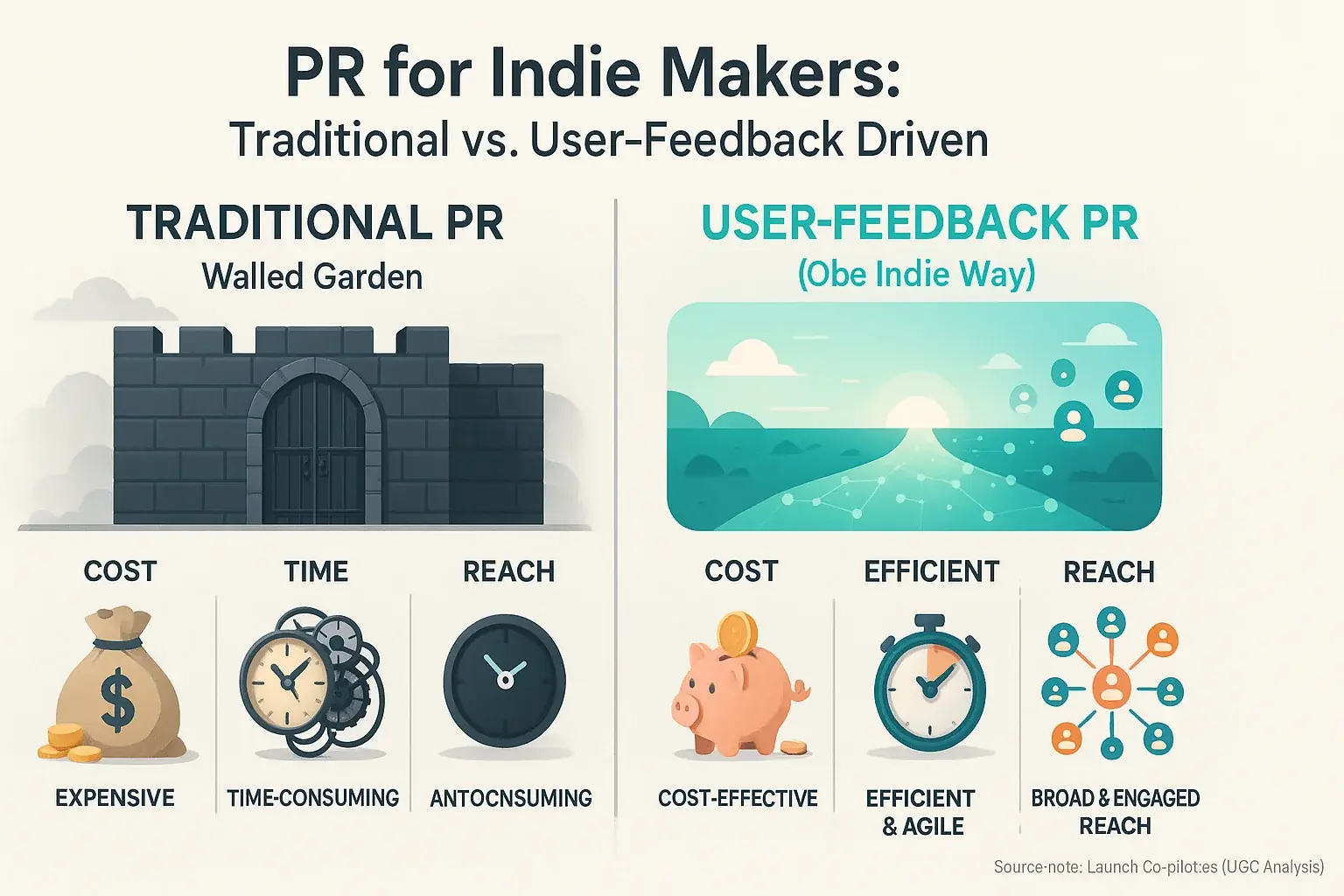 Infographic: Data analysis PR for indie makers outperforms traditional PR in cost, time, and reach.