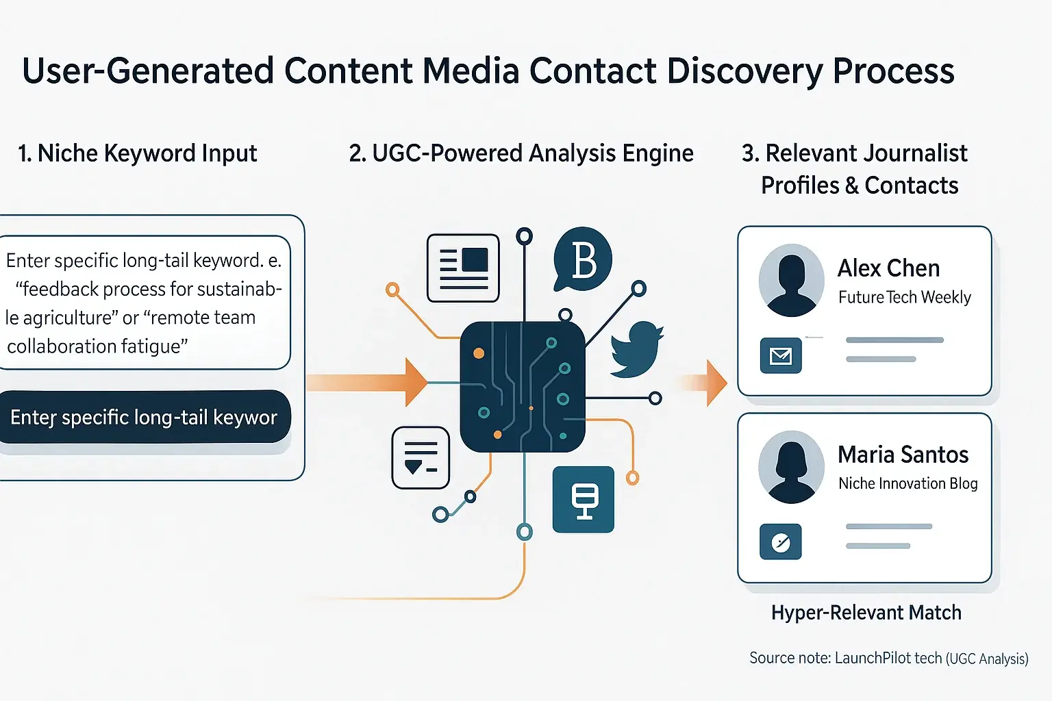Infographic showing steps from niche keyword input to journalist profiles with contacts for media ally discovery.