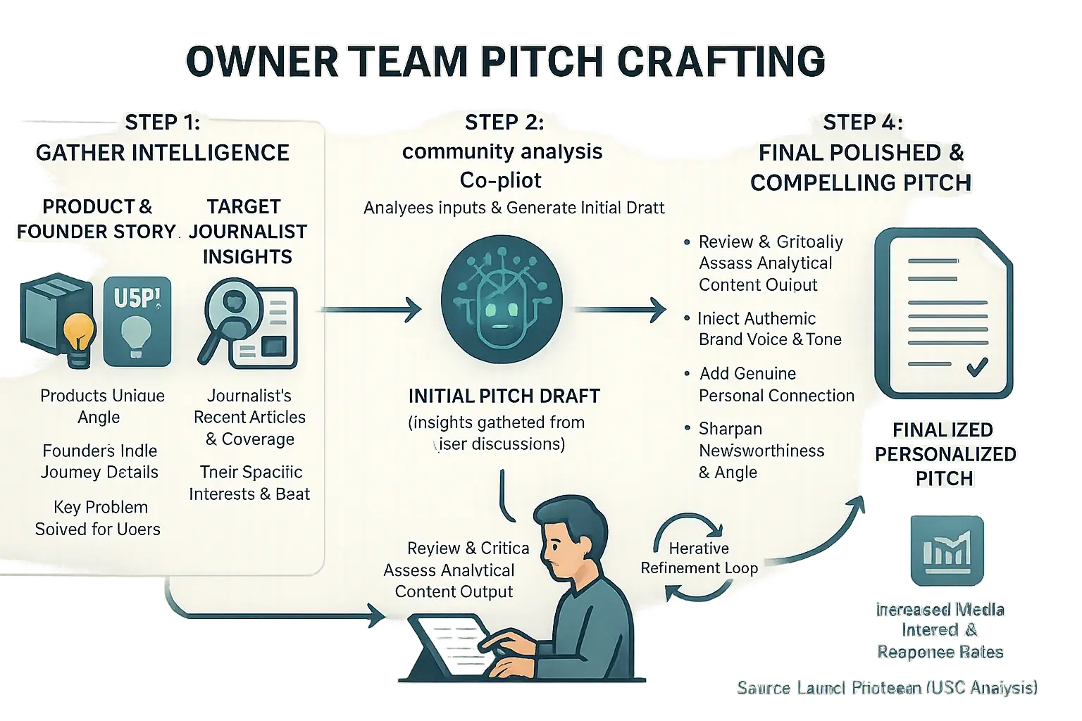 Infographic: User feedback pitch workflow. Inputs (product, journalist) and refinement yield personalized, non-generic