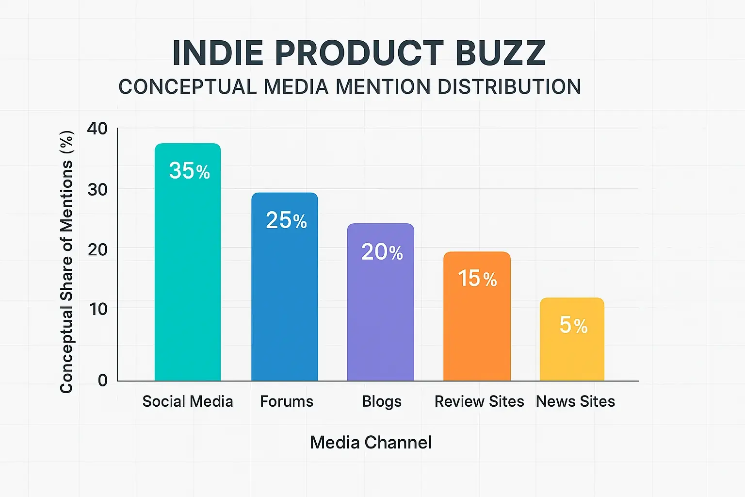 Bar chart: Indie products get most media mentions on social media & forums, less on blogs & news; aids buzz tracking.