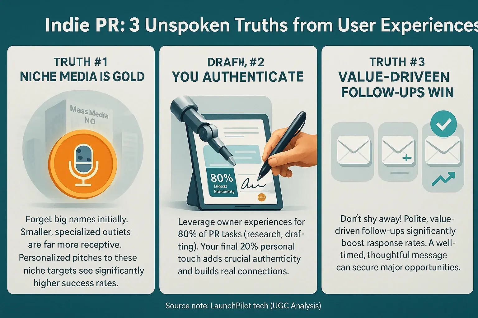 Infographic: Top 3 unspoken Indie PR truths from user analysis, like personalization's edge, for makers.