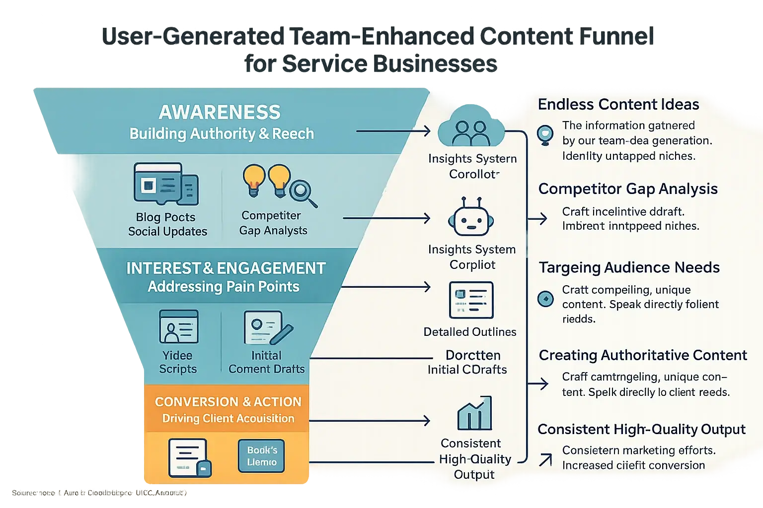 Infographic: Service business content funnel from review analysis, mapping awareness to conversion stages.
