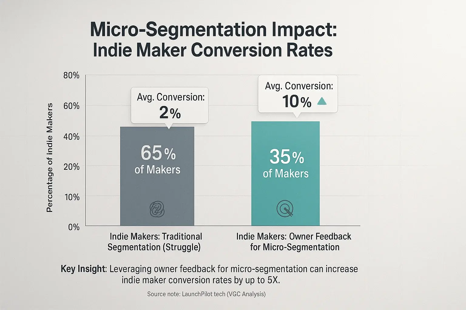 Bar chart comparing conversion: higher for indie makers using user discussions for micro-segmentation vs. those struggling.