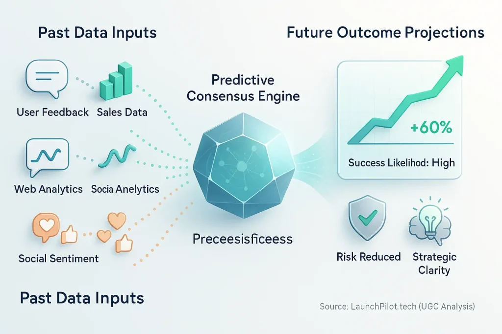 Infographic: Predictive feedback analyzes past data to forecast indie launch outcomes, showing data inputs & outputs.