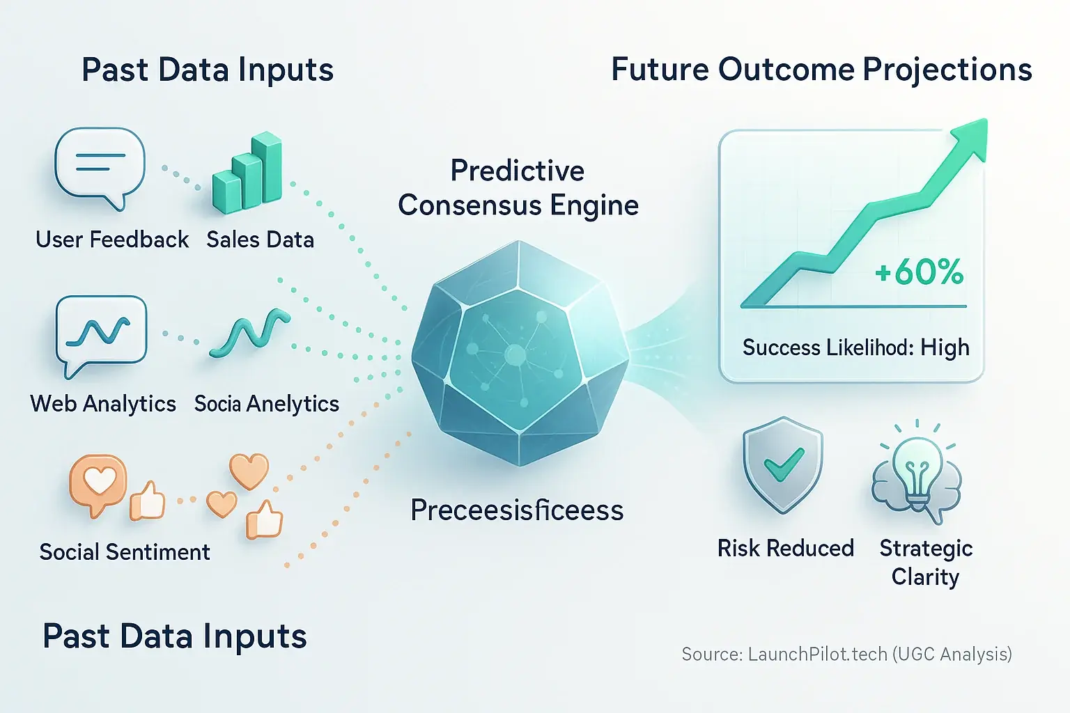 Infographic: Predictive feedback analyzes past data to forecast indie launch outcomes, showing data inputs & outputs.