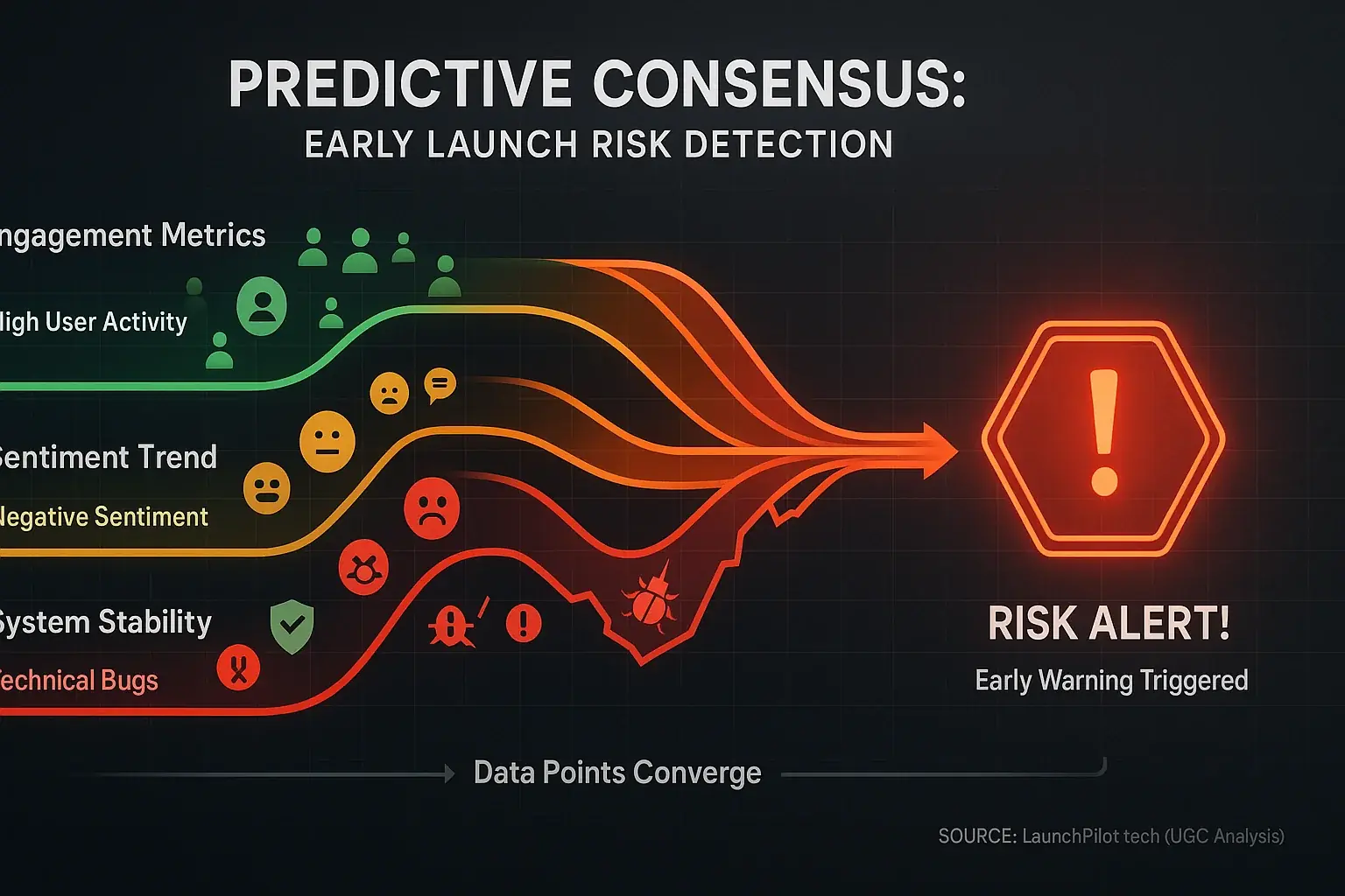Predictive review data points form a risk alert, an early warning system for launch risks like bugs.