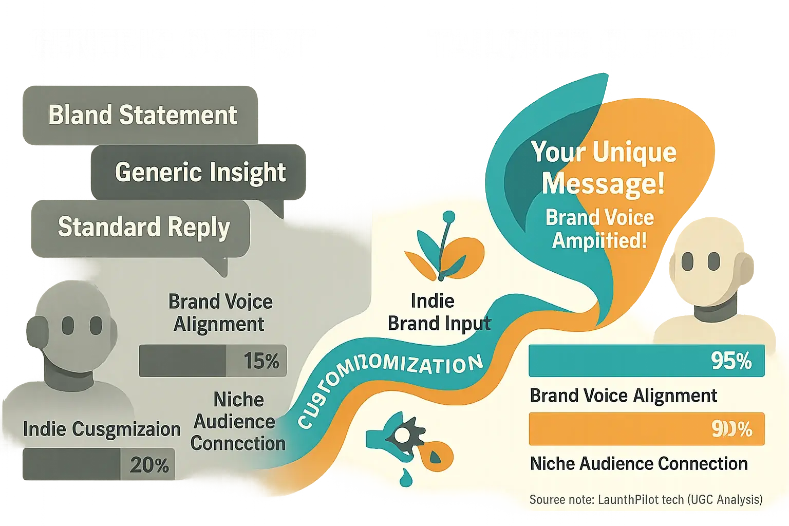 Infographic showing a gap between generic and tailored outputs, bridged by co-pilot customization for unique indie voice.