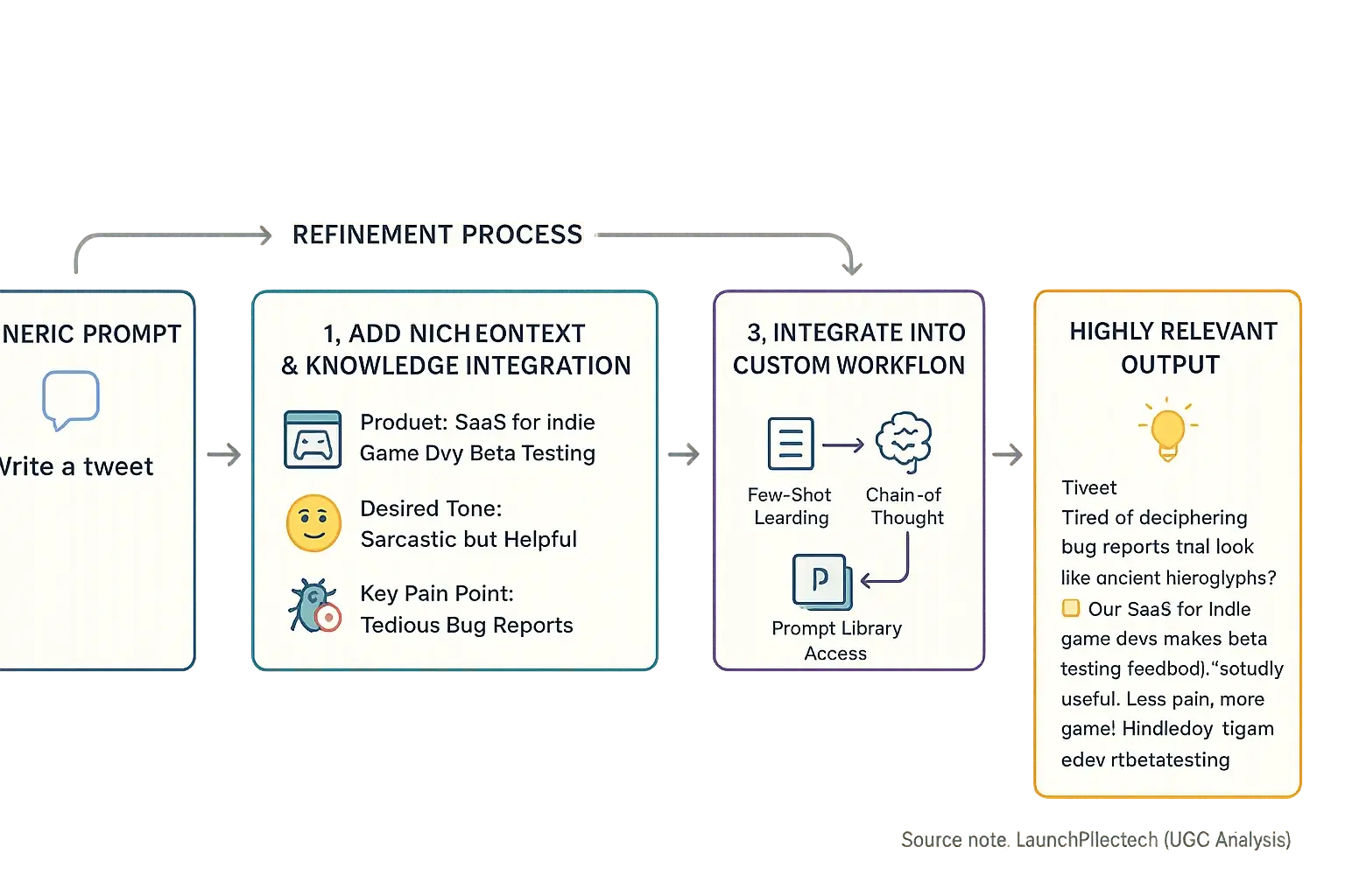 Flowchart: Generic prompt refined by niche context &amp; custom workflows for hyper-relevant indie world insights.