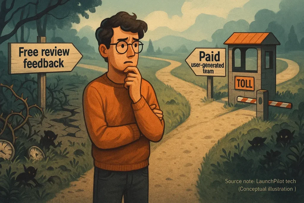 Indie maker at crossroads: a rocky 'Free data' path with pitfalls vs. a clearer 'Paid feedback' path with a toll booth.