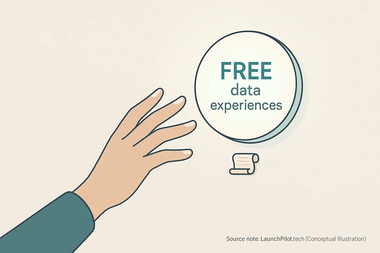 Hand eagerly reaches for 'FREE user indicates' button, its glowing allure overshadowing tiny, almost invisible terms below.