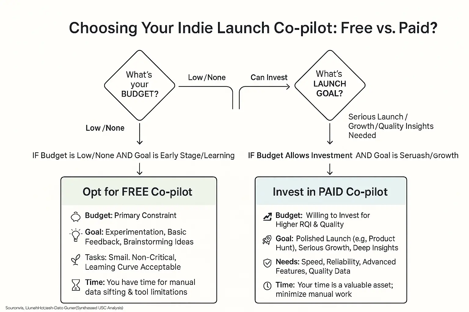 Flowchart: Co-pilot framework for indie free/paid launch. Budget & goals determine criteria for smart decision.