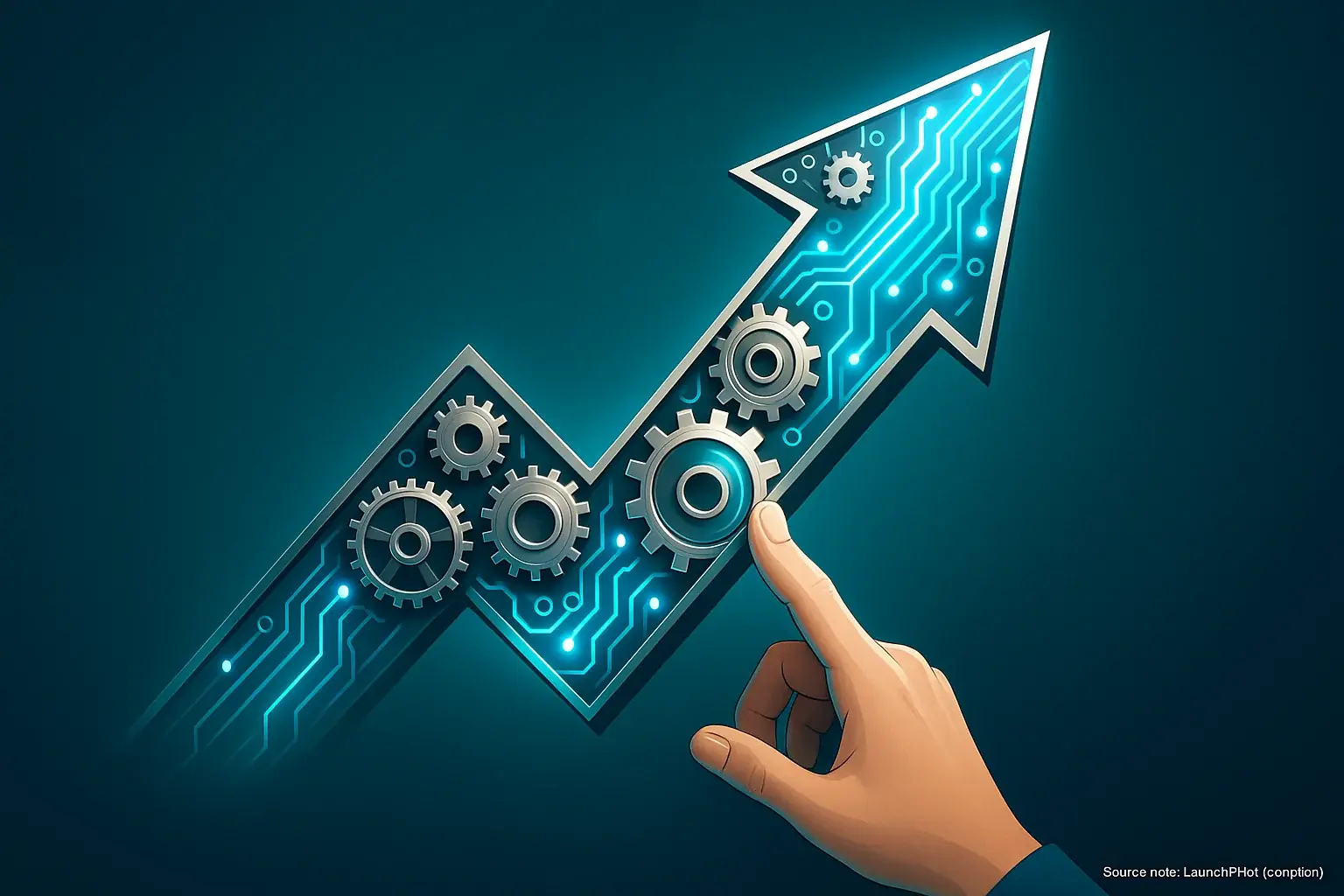 Upward arrow of gears & circuits, guided by hand, shows smart investment for strong, efficient launch.